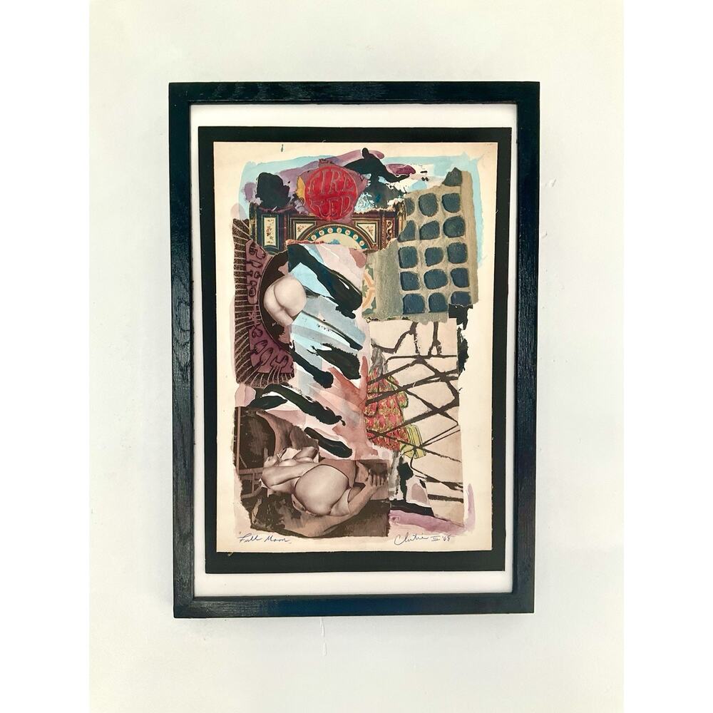 1968 Clutie ‘Full Moon’ Signed Mixed Media Collage Surrealist Nude Framed 18x14